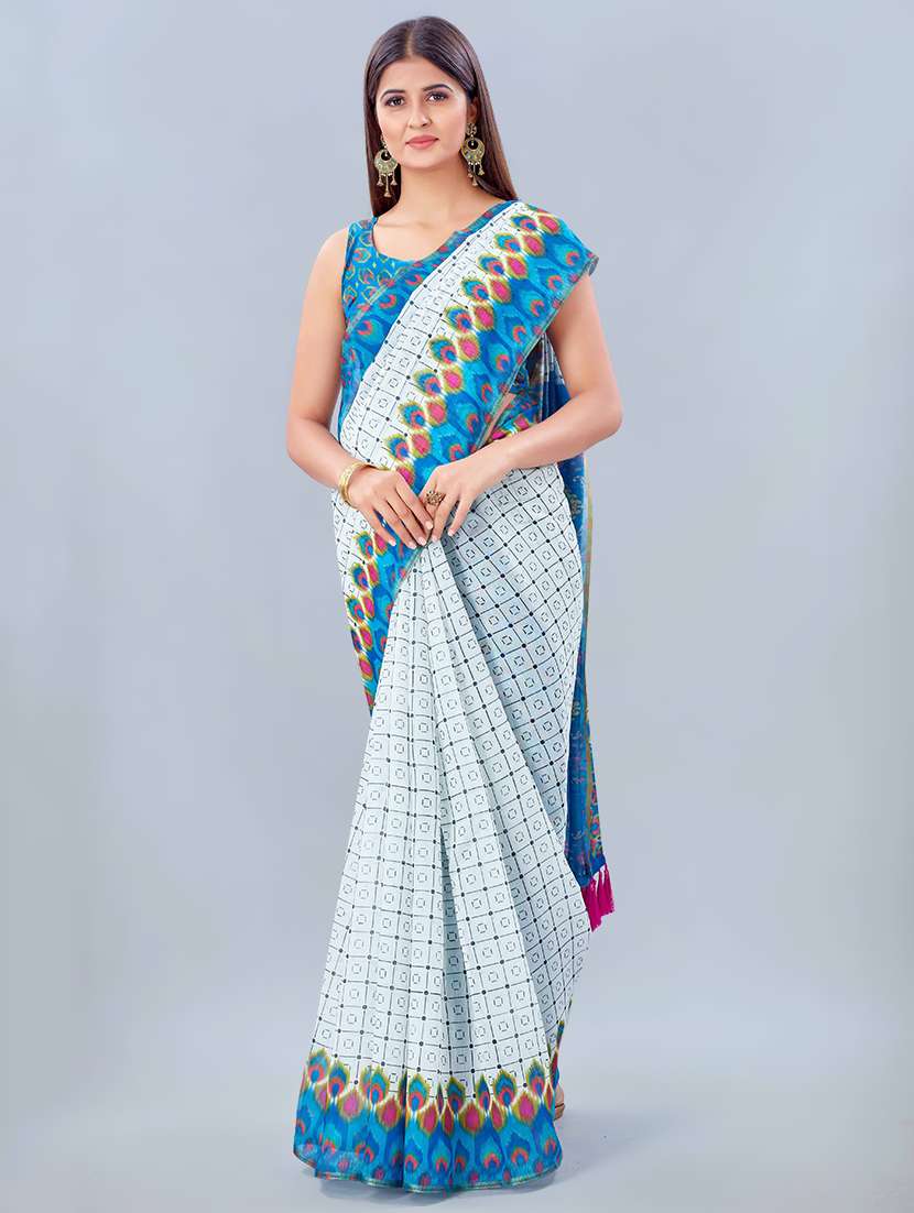 women's checks blue colored saree with blouse