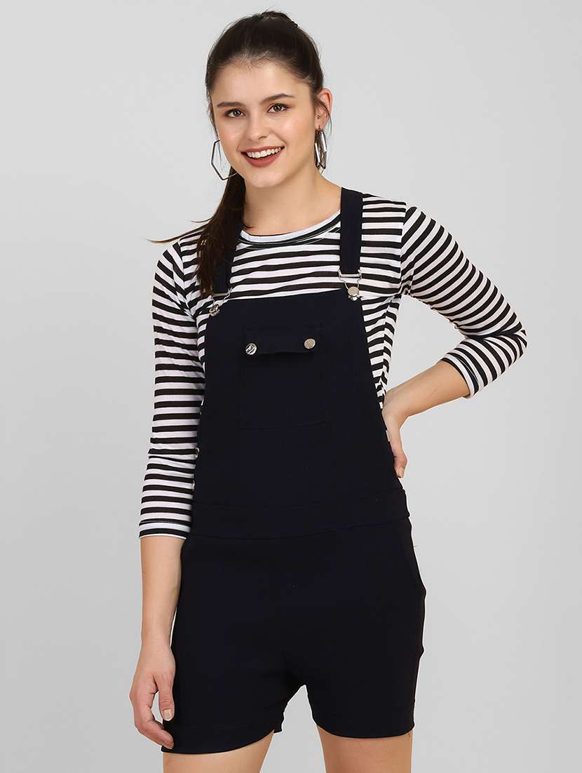 navy blue solid dungaree with striped tee 