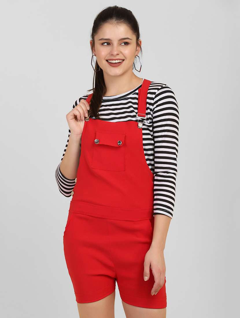 red solid dungaree with striped tee 