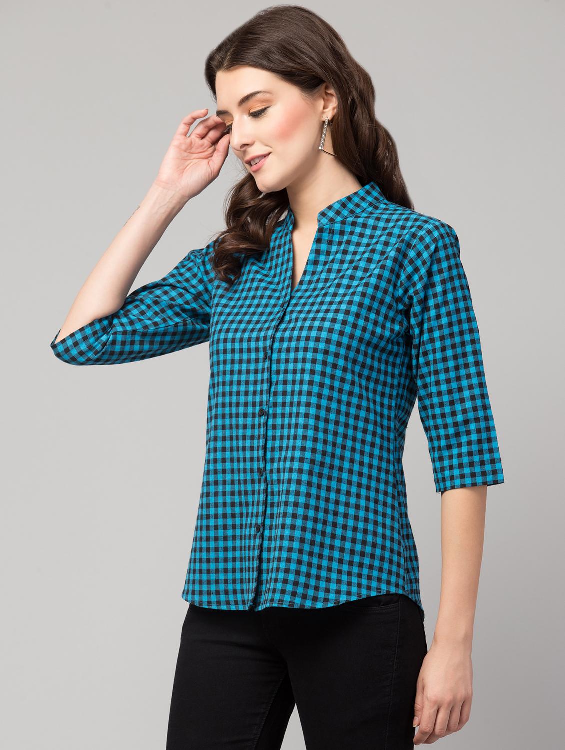 mandarin neck checkered shirt top - 17928805 - Standard Image - 2