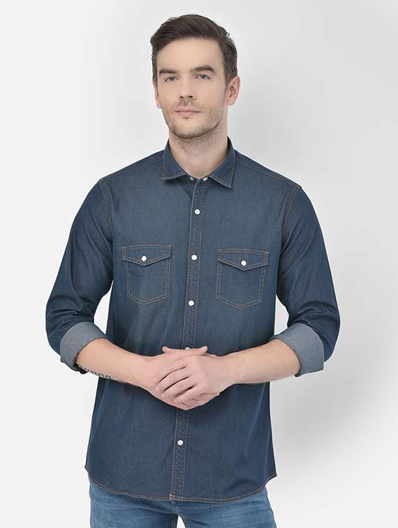 blue solid denim casual shirt