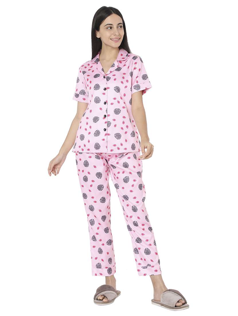 shirt collar printed nightwear pajama set