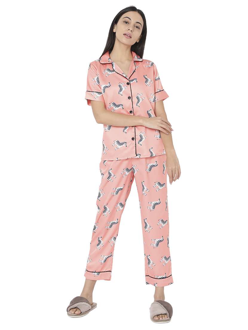 shirt collar printed nightwear pajama set