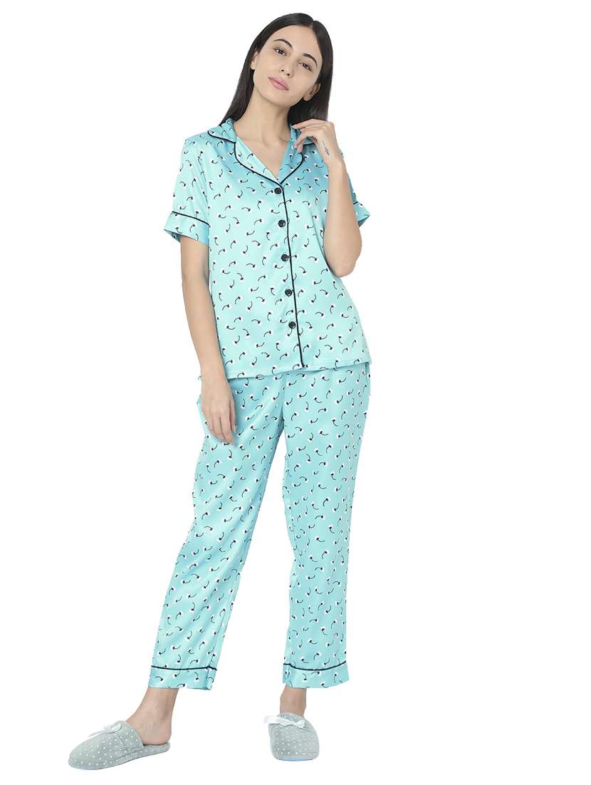 shirt collar printed nightwear pajama set
