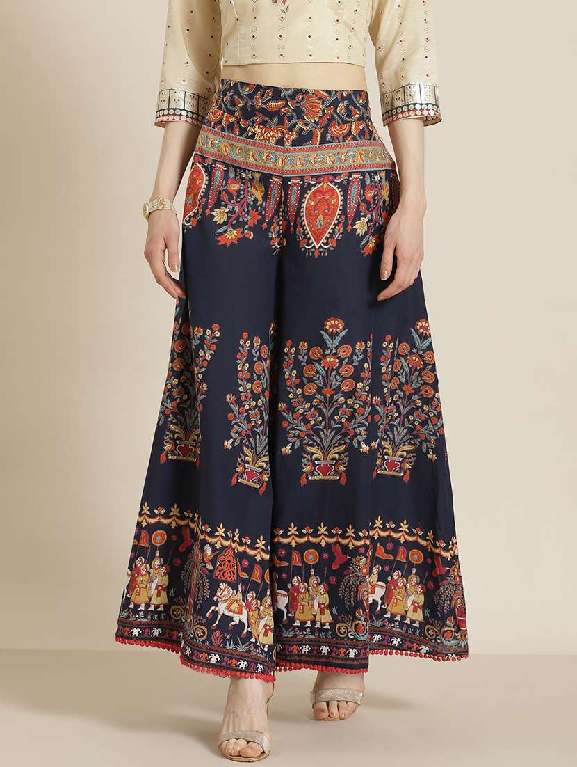 navy blue printed flared palazzo 
