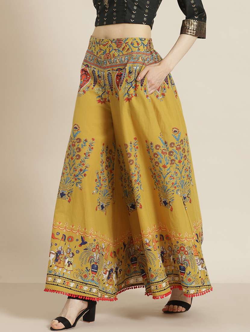 mustard printed flared palazzo