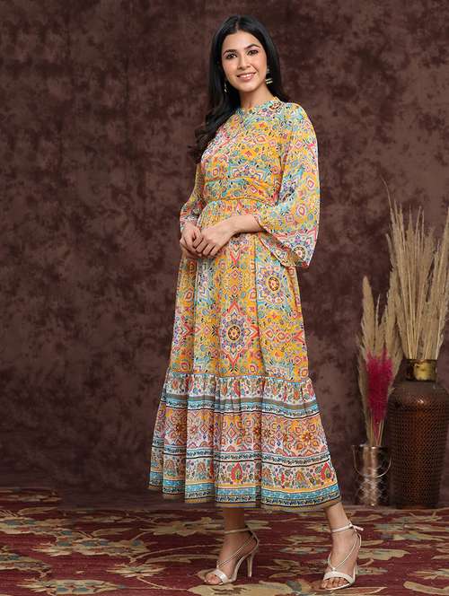 foil print flared ethnic dress - 17948317 -  Standard Image - 0