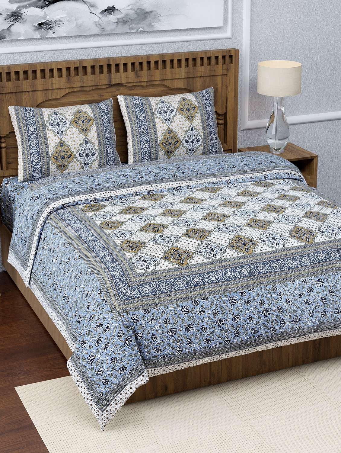 texstylers pure cotton 108x108 inches 220 tc jaipuri print super king size bedsheet with 2 pillow cover