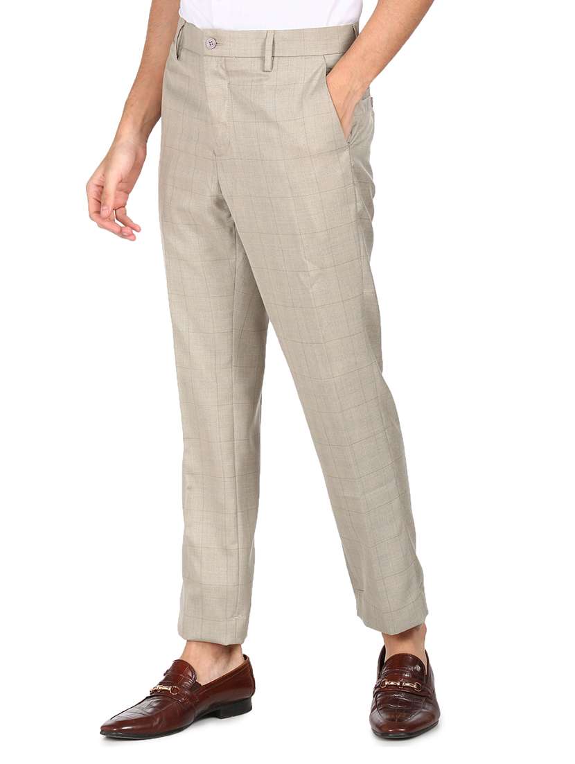 beige checkered flat front formal trouser 