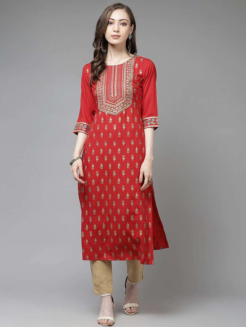 gold print straight kurta