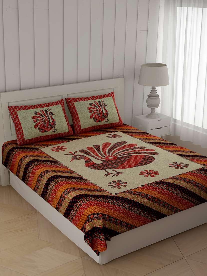 jaipurfabric bedsheet red ajrak print peacock double bedsheet