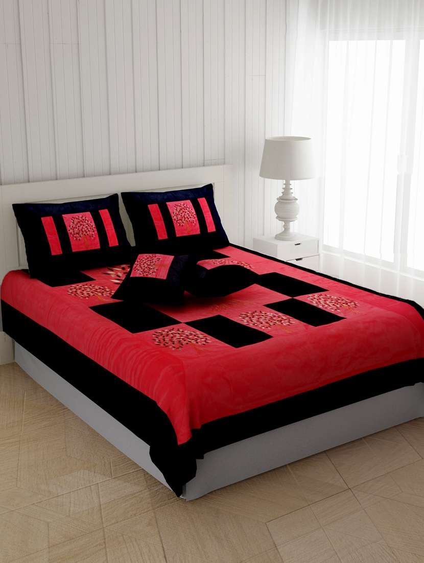 jaipurfabric bedsheet red base machine embroidery black patch work silk double bed sheet