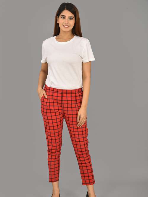 women checks print cigarette pant trousers - 17960220 -  Standard Image - 0