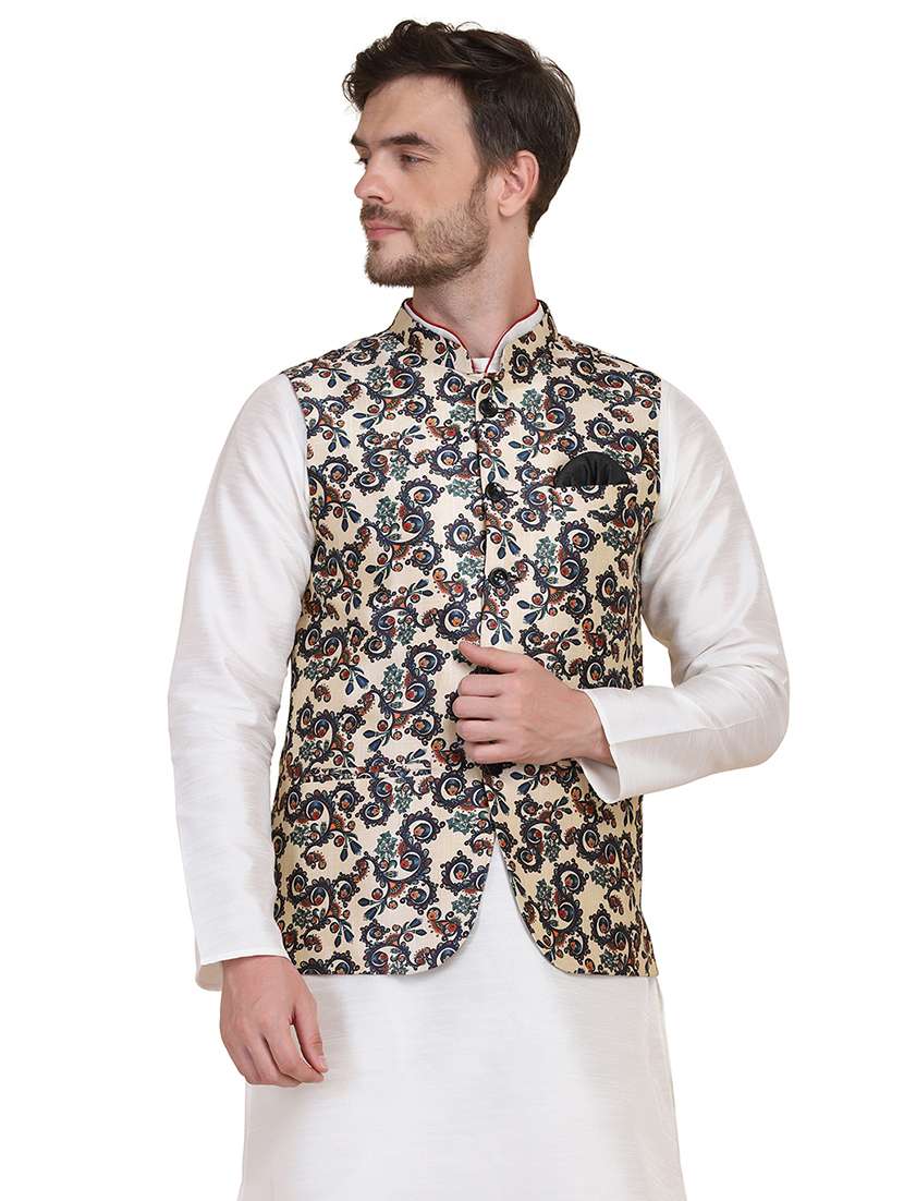 beige solid kurta pyjama with printed jacket