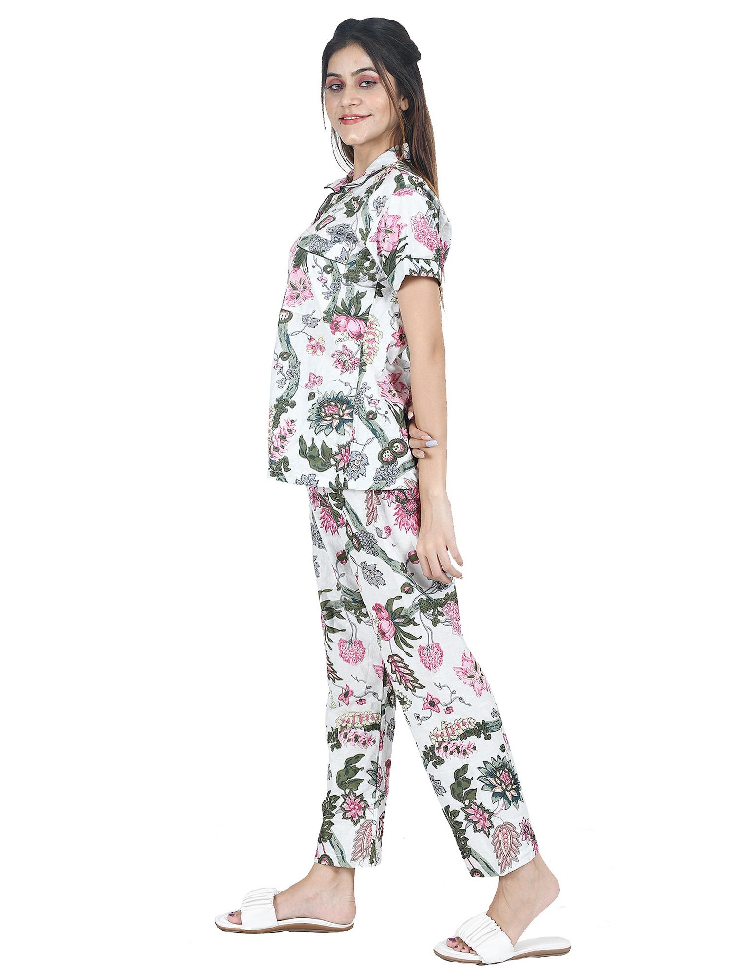 white cotton floral block printed nightwear set for women - 17962002 - Standard Image - 2