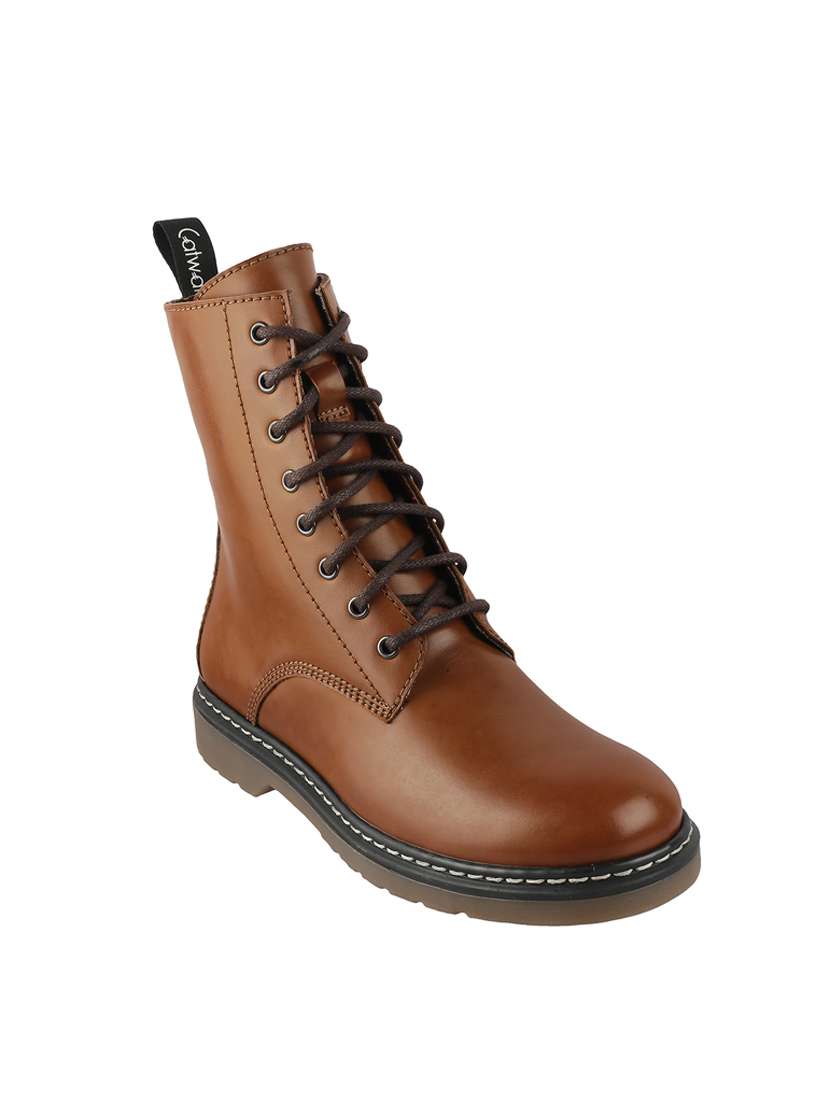 brown calf-length lace up boots