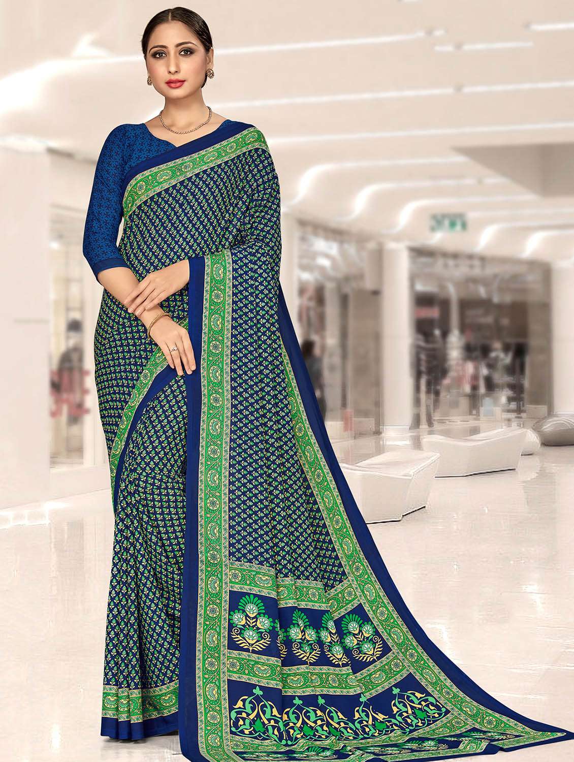navy blue printed saree with blouse