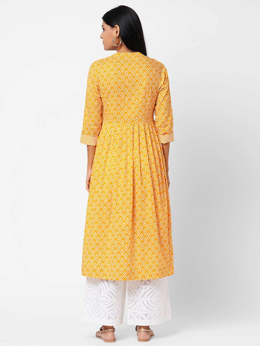 yellow cotton flared kurta - 17971037 - Standard Image - 2