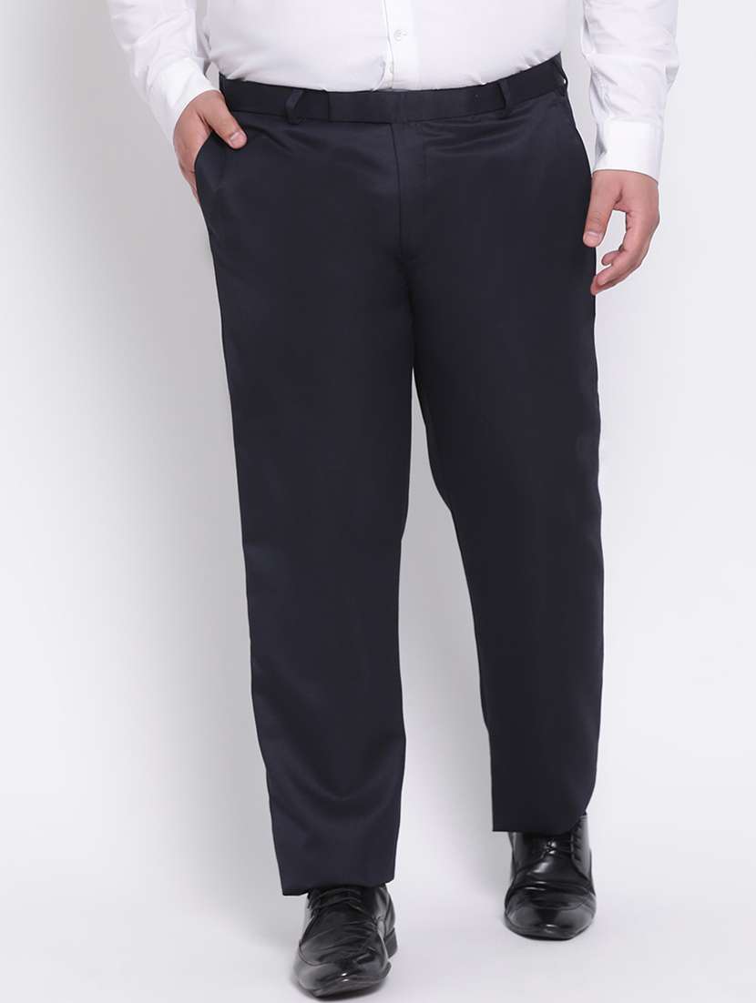 navy blue solid flat front casual trouser