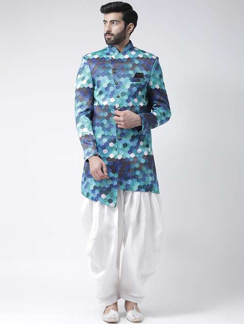 blue printed sherwani set - 17976381 - Standard Image - 0