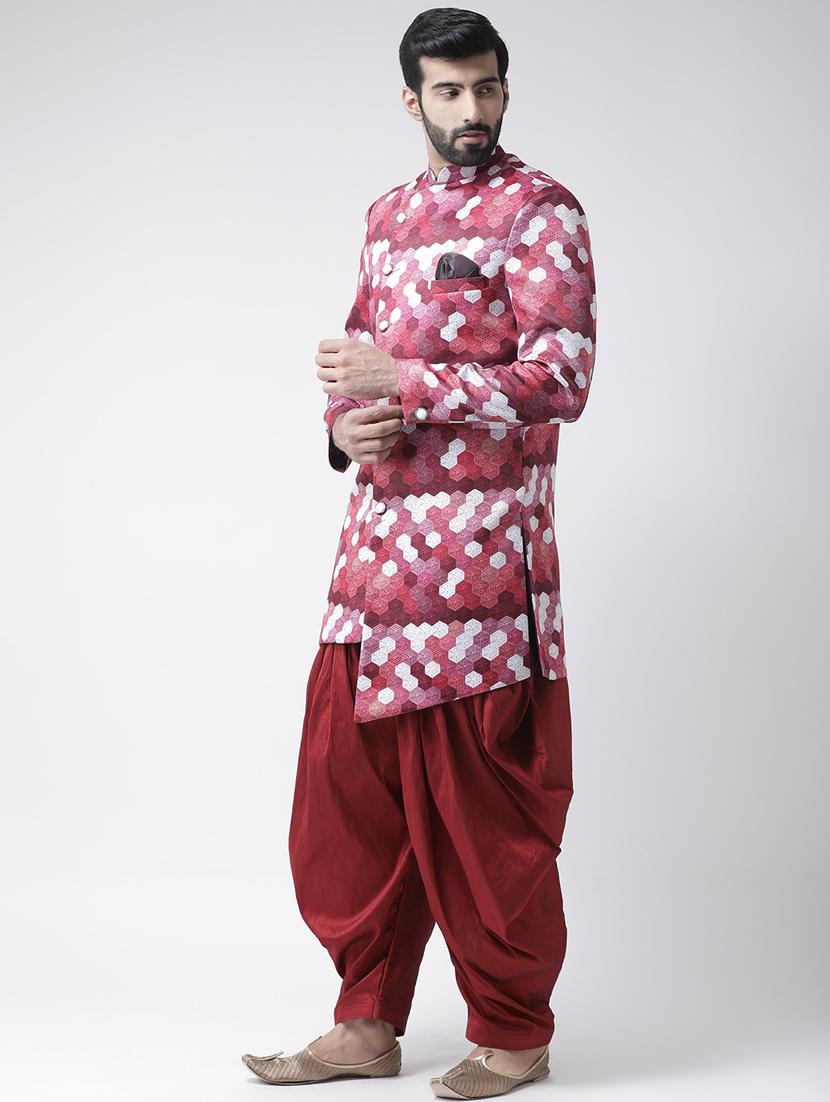 red printed sherwani set - 17976388 - Standard Image - 2