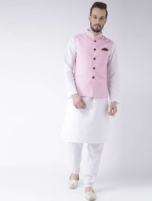 white solid kurta pyjama set with pink solid nehru jacket - 17976396 - Standard Image - 0