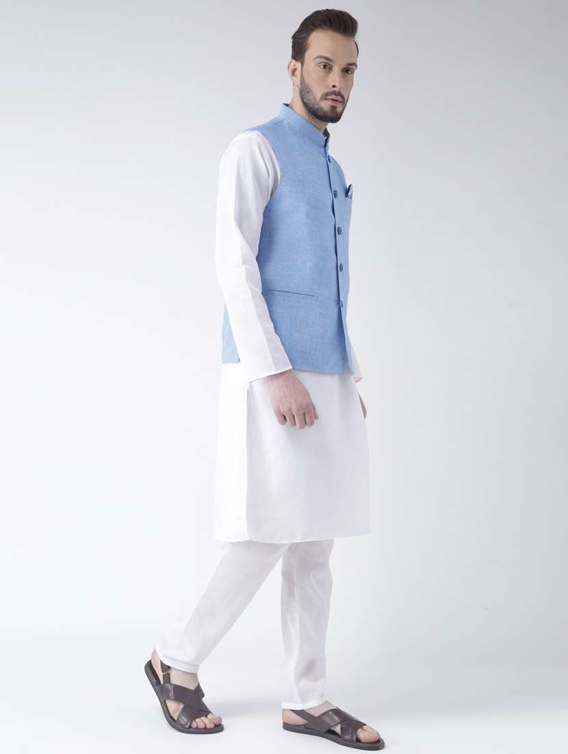 white solid kurta pyjama set with blue solid nehru jacket  - 17976397 -  Standard Image - 2