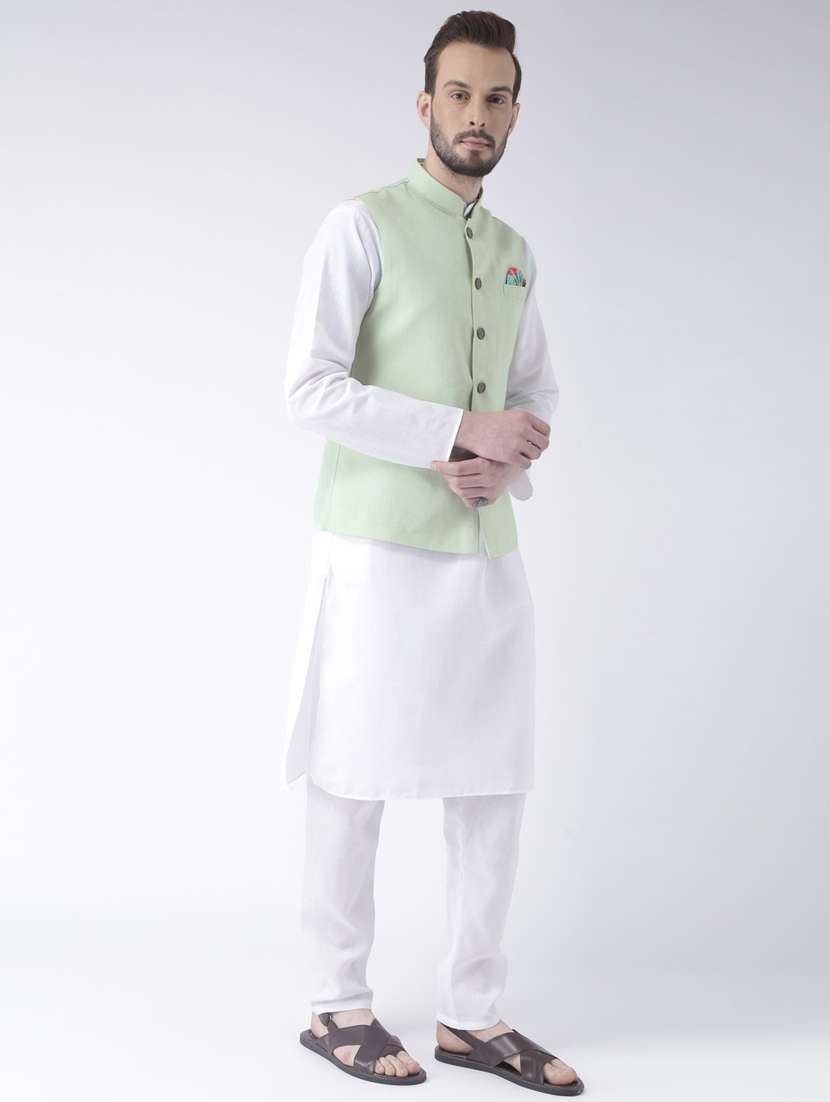 white solid kurta pyjama set with green solid nehru jacket  - 17976399 -  Standard Image - 2