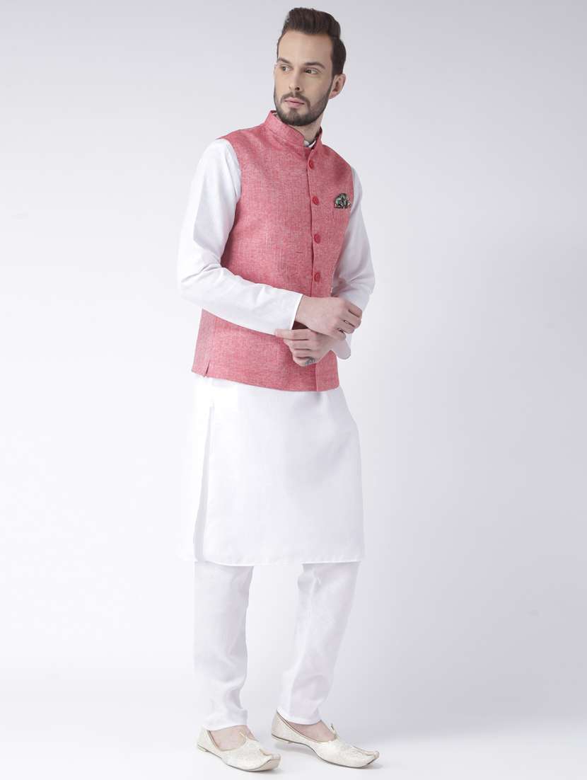white solid kurta pyjama set with red solid nehru jacket  - 17976404 -  Standard Image - 2