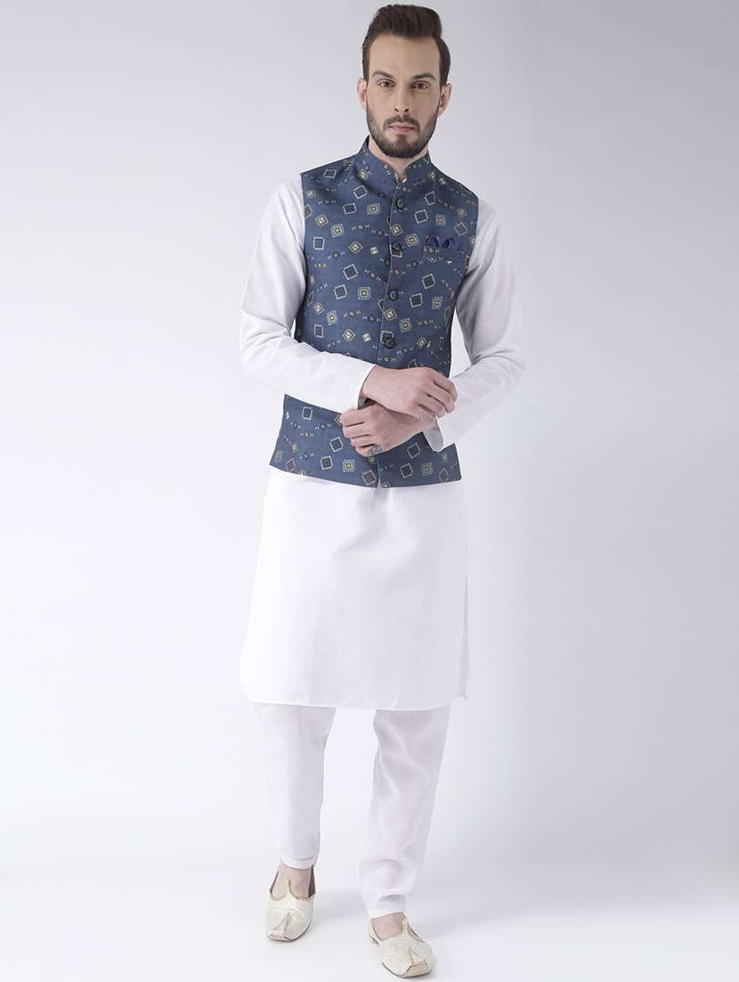 white solid kurta pyjama set with blue printed nehru jacket 