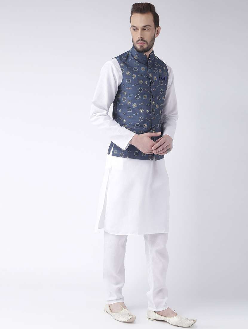 white solid kurta pyjama set with blue printed nehru jacket  - 17976407 -  Standard Image - 2