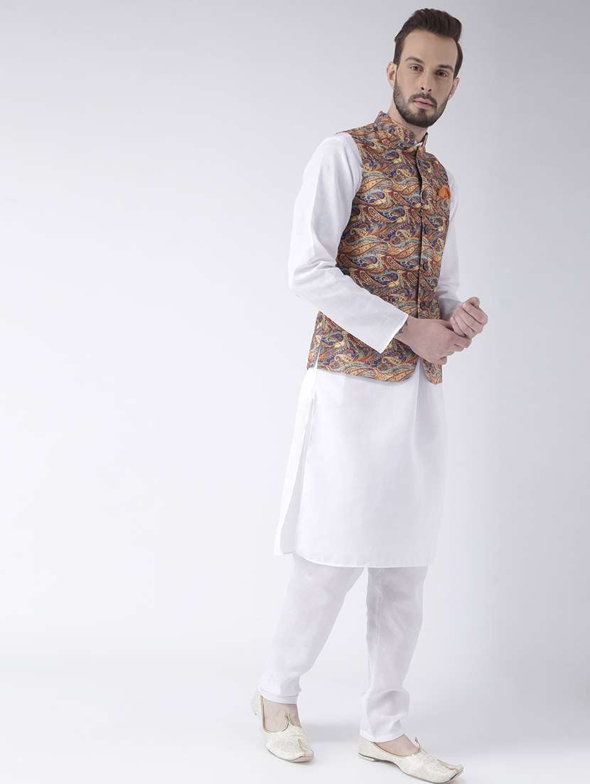 white solid kurta pyjama set with printed nehru jacket  - 17976408 -  Standard Image - 2
