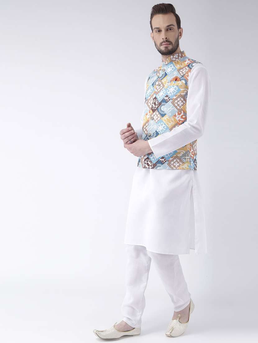 white solid kurta pyjama set with printed nehru jacket - 17976409 - Standard Image - 2