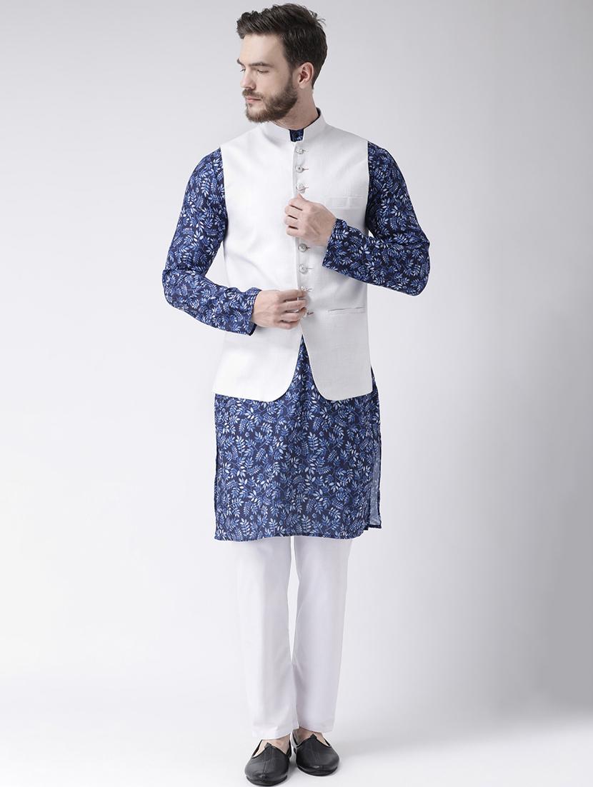 blue printed kurta pyjama set with white solid nehru jacket 