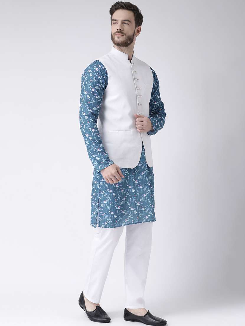 blue printed kurta pyjama set with white solid nehru jacket  - 17976419 -  Standard Image - 2