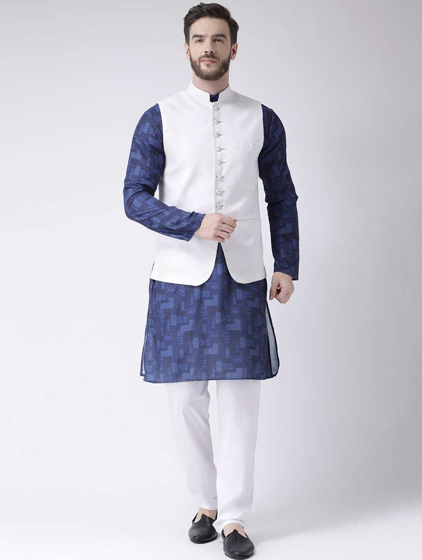 blue checkered kurta pyjama set with white solid nehru jacket 
