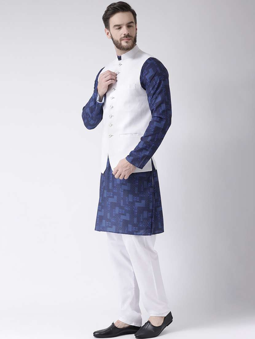 blue checkered kurta pyjama set with white solid nehru jacket - 17976420 - Standard Image - 2