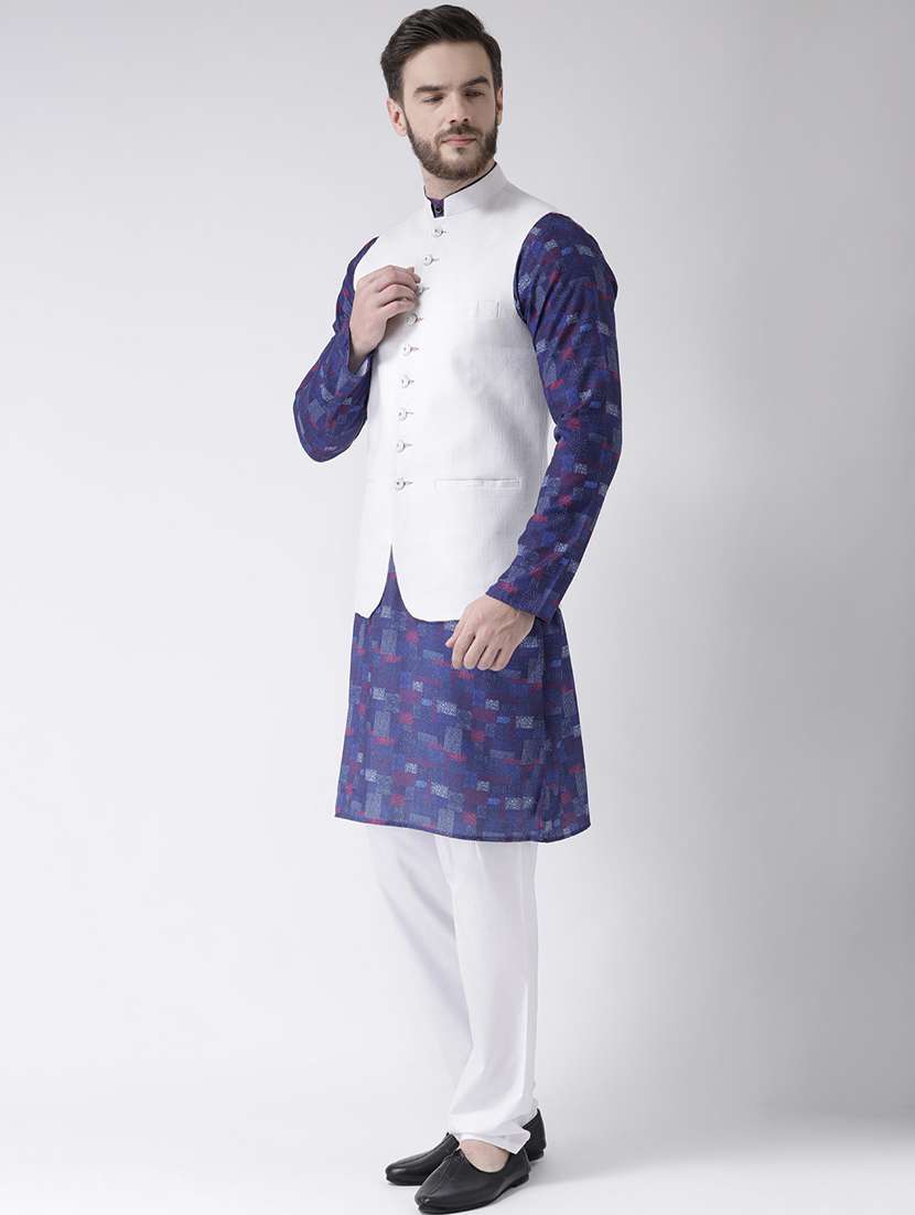 blue printed kurta pyjama set with white solid nehru jacket - 17976421 -  Standard Image - 2