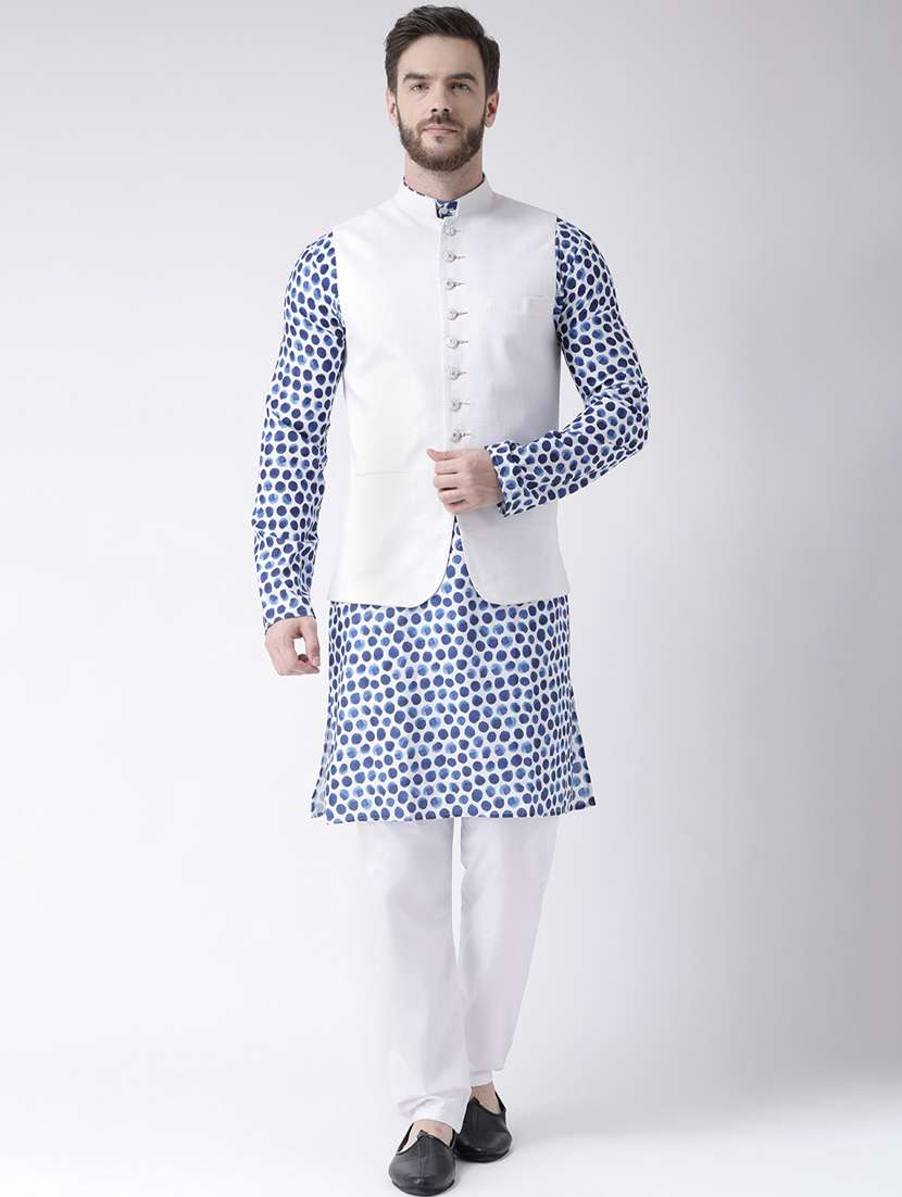 blue printed kurta pyjama set with white solid nehru jacket
