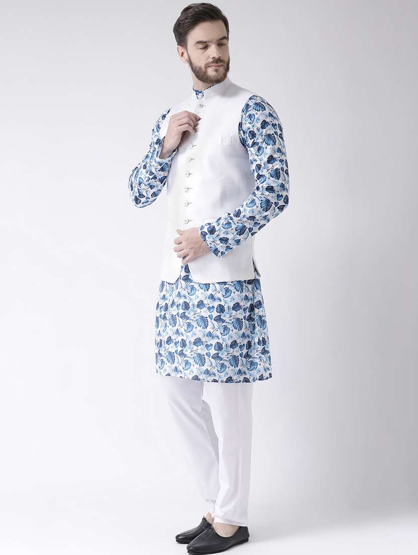 blue printed kurta pyjama set with white solid nehru jacket - 17976424 -  Standard Image - 2