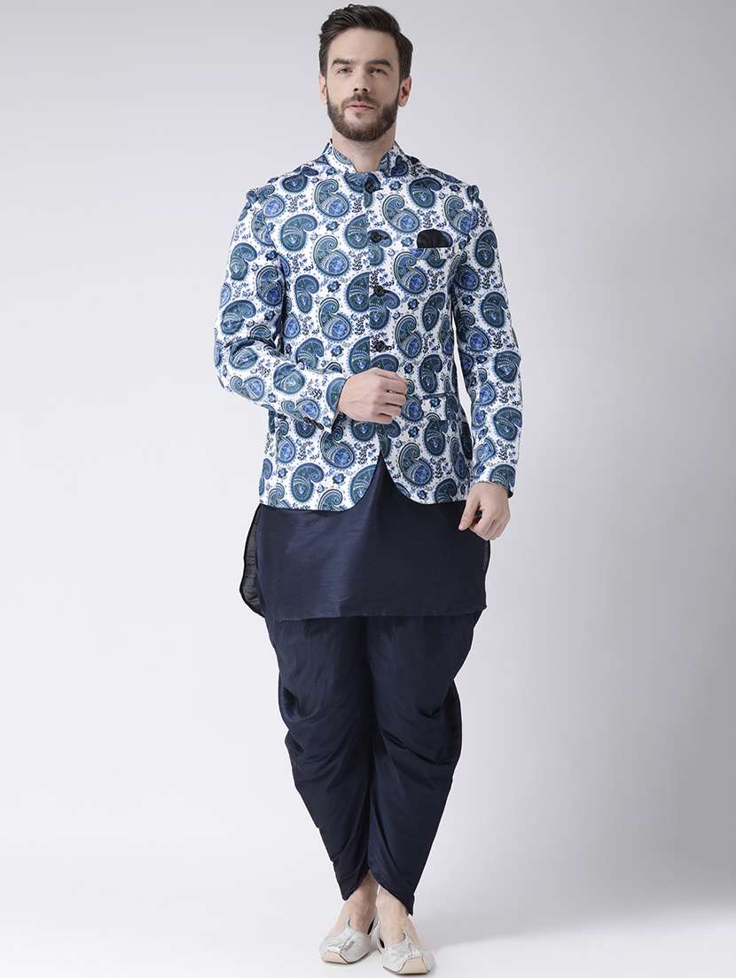 navy blue solid dhoti kurta set with printed bandhgala jacket - 17976435 -  Zoom Image - 0