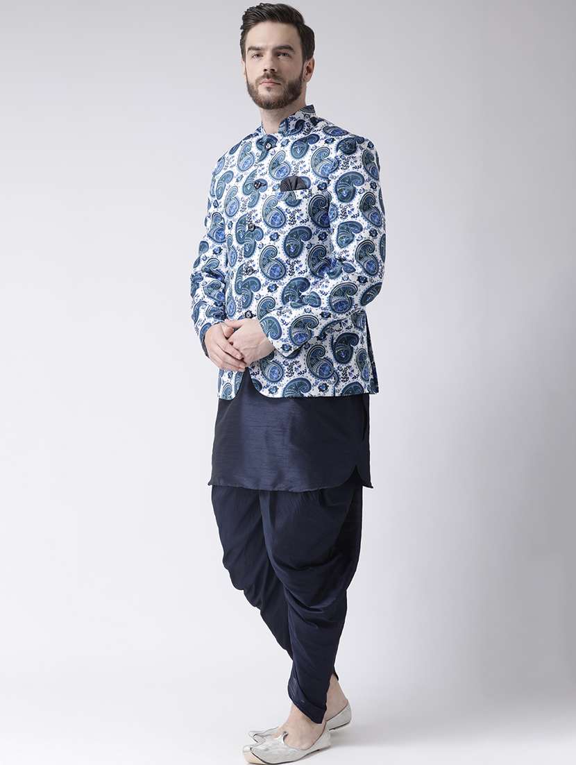 navy blue solid dhoti kurta set with printed bandhgala jacket - 17976435 - Standard Image - 2