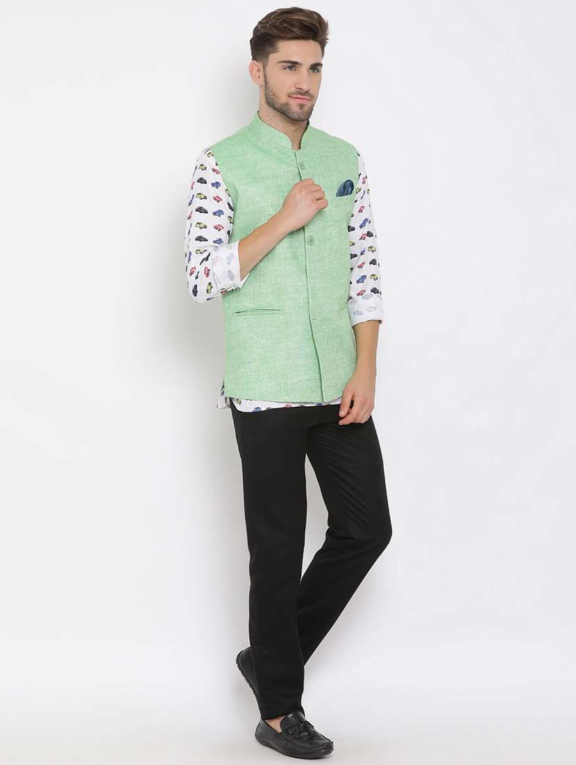 white printed linen kurta trouser set with solid nehru jacket - 17976439 -  Standard Image - 2