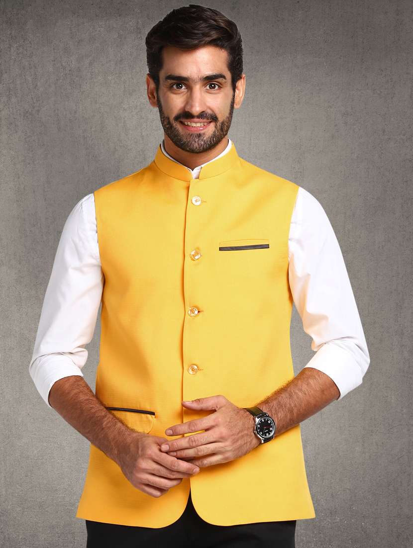 yellow solid nehru jacket