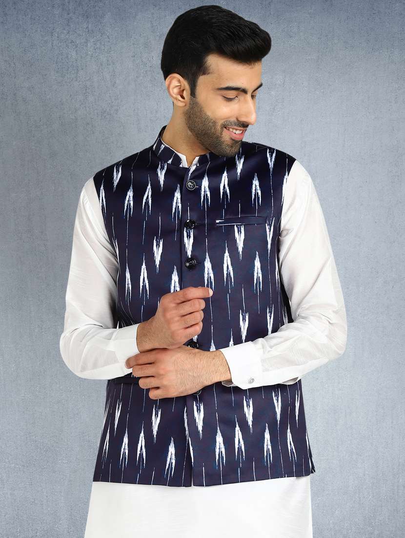 navy blue printed nehru jacket