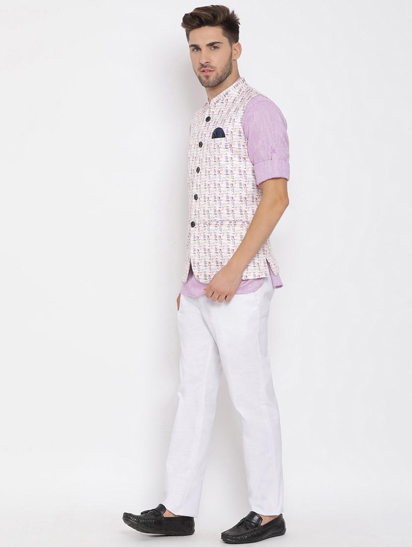 purple solid kurta trouser set with white printed jacket - 17976755 - Standard Image - 2