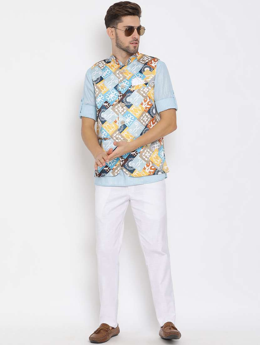 light blue solid kurta trouser set with printed jacket - 17976756 - Standard Image - 2