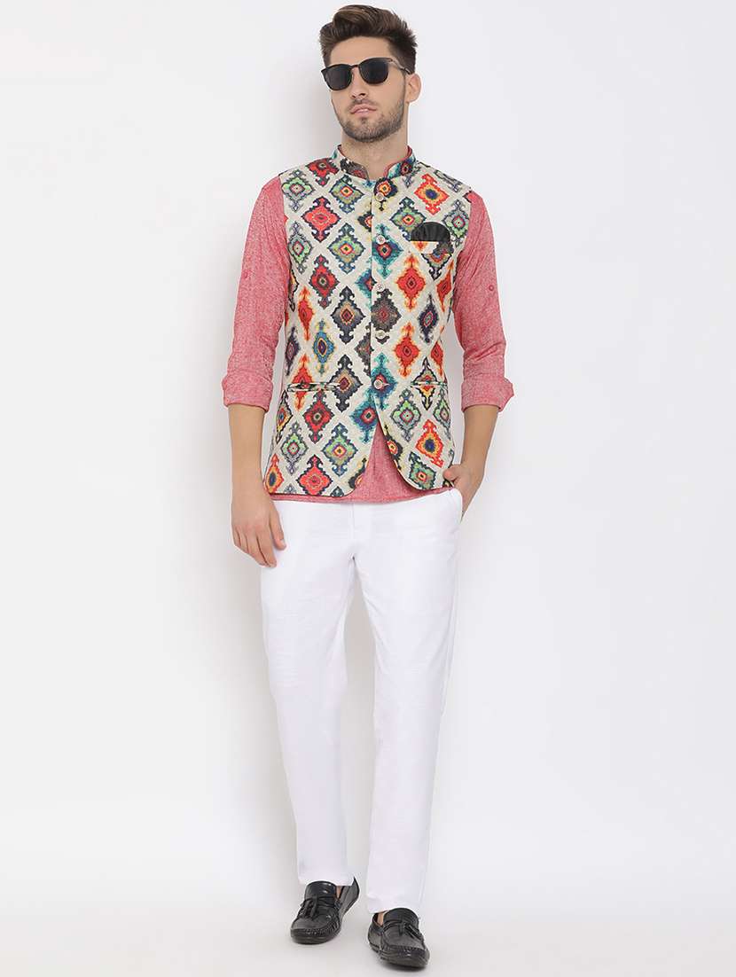 red solid kurta trouser set with printed jacket