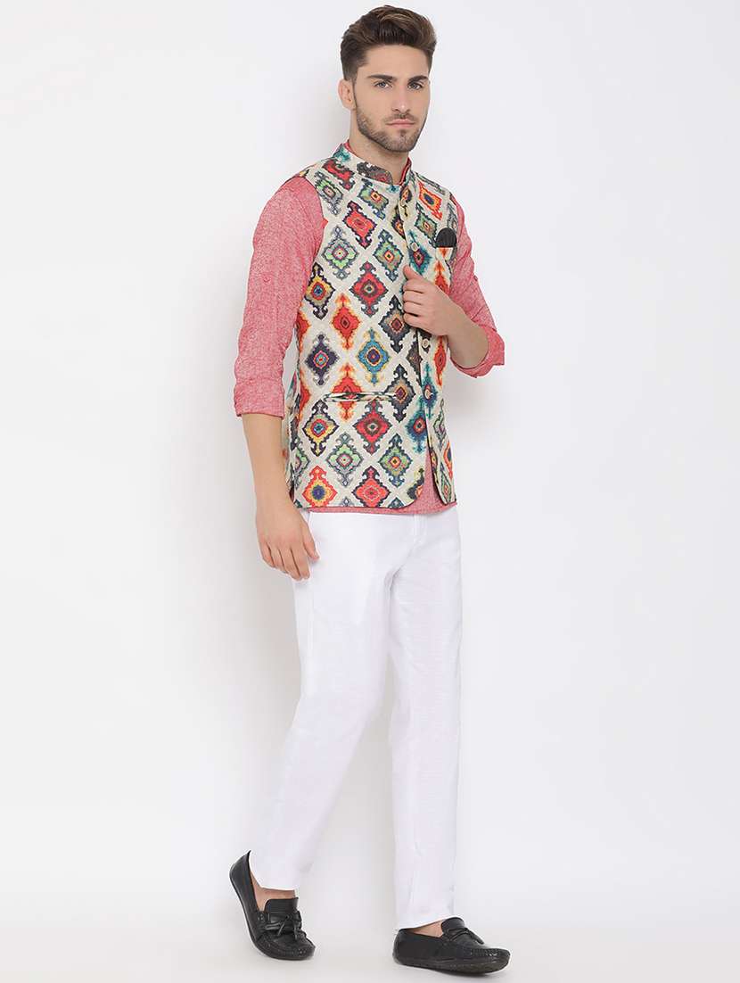 red solid kurta trouser set with printed jacket - 17976757 -  Standard Image - 2