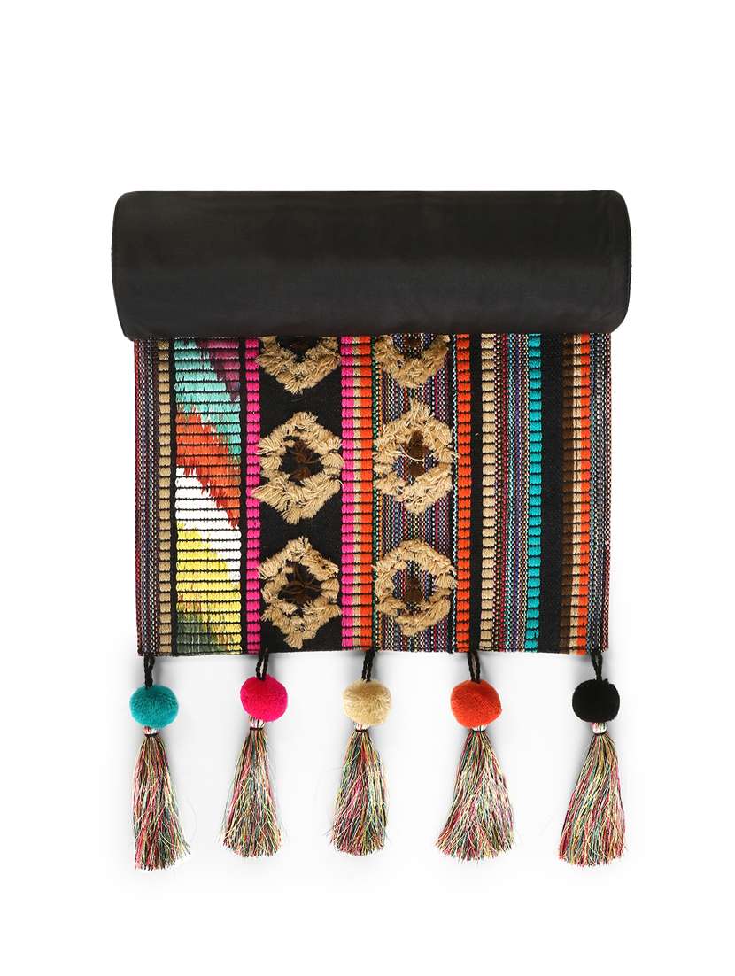 tribal collection by mezposh : pink & multi acrylic jacquard  6 seater table runner with tassels (30x180cm) - 17977178 -  Standard Image - 2